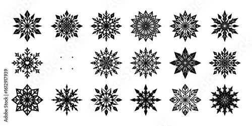 Collection of Intricate Black and White Snowflake Designs on White Background