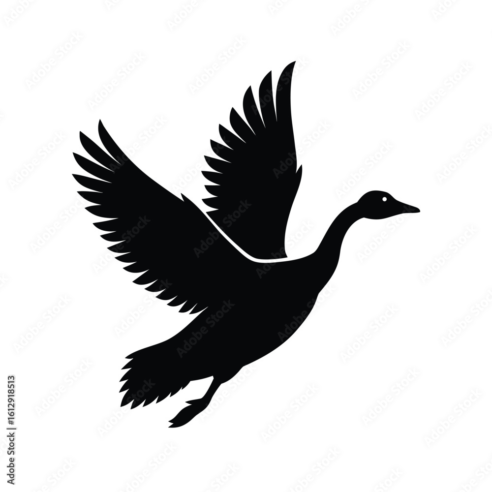 Fototapeta premium Elegant silhouette of a goose in flight against a clean white background for design projects
