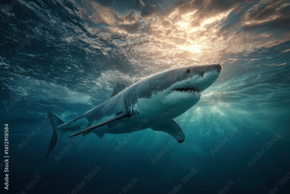 Fototapeta premium Majestic shark gliding through ocean depths with sunlight filtering through water in a breathtaking underwater landscape
