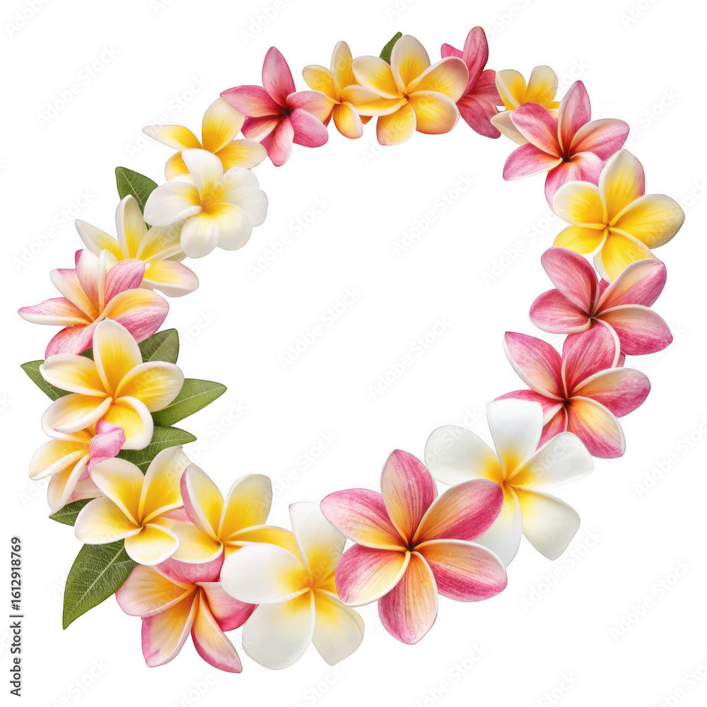 Oval wreath of pink and yellow plumeria flowers isolated on transparent background Oval wreath of pink and yellow plumeria flowers isolated on transparent background