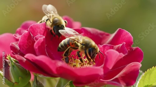 Bees Gathering Nectar From Rose Blossom In Summer Garden