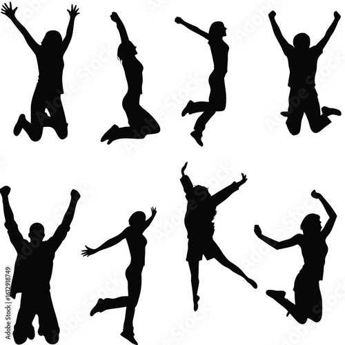 Dynamic Silhouettes of People Jumping with Exuberance Capturing Joyful Moments of Celebration and Movement in a Graphic Composition