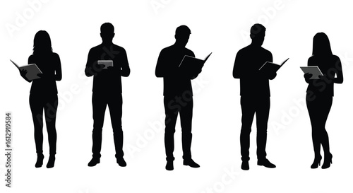 Silhouettes of men reading books and using a tablet device