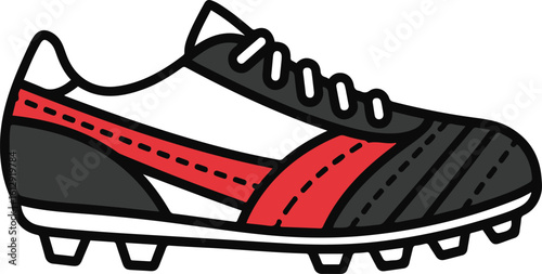 A stylized illustration of a white, black, and red athletic cleat, likely for soccer or football, with prominent stitching details.