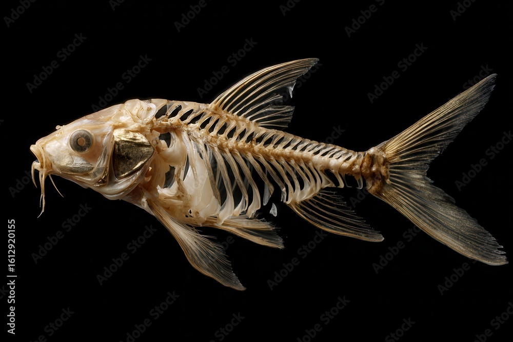 Naklejka premium Skeleton of a carp fish isolated against a black background showcasing details of bone structure and anatomical features in a clear presentation of marine biology