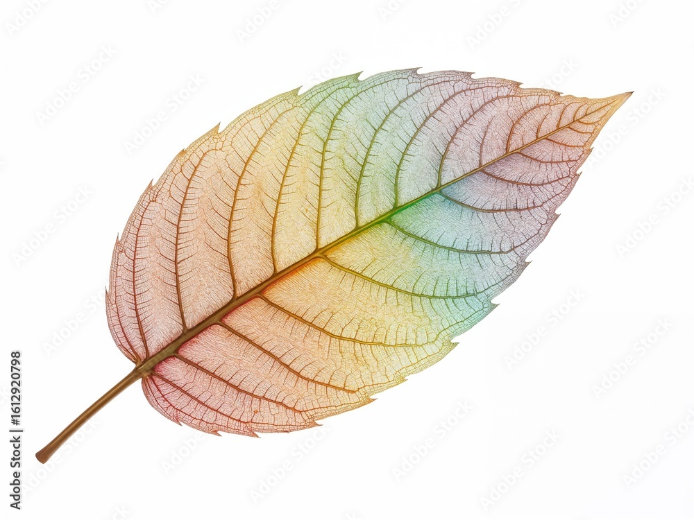 Obraz premium Colorful Transparent Leaf in Nature: Botanical Pattern with Autumn Fall Colors and Watercolor Effect on Light Background for Artistic Photography and Creative Illustration