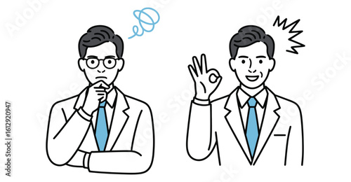 Minimal icon of two professionals expressing confusion and approval through gestures and symbols, portraying decision-making and emotional contrast.