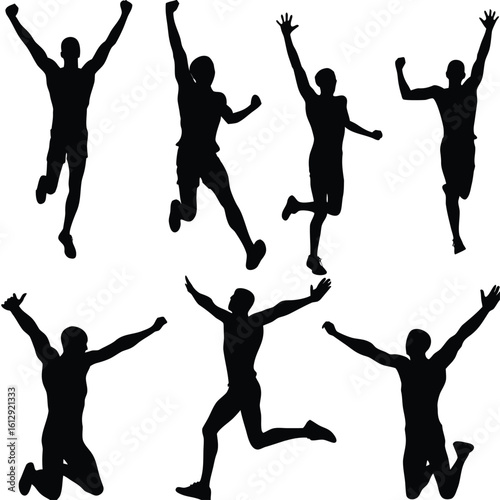 Dynamic Silhouettes of People Jumping with Exuberance Capturing Joyful Moments of Celebration and Movement in a Graphic Composition