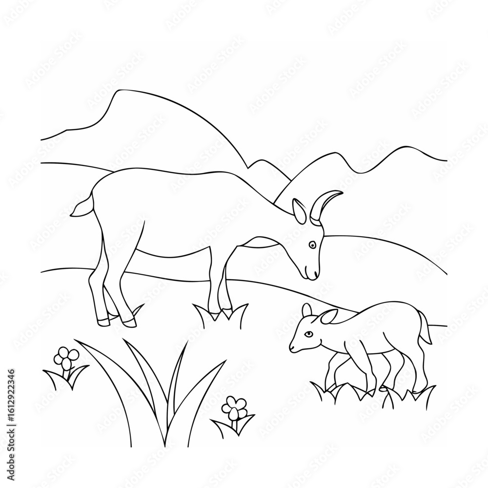 Fototapeta premium Mother and baby goat grazing in a field vector