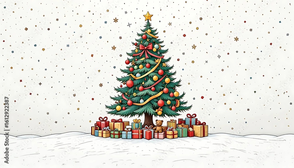 Obraz premium Festive Christmas Tree with Presents in Snowy Landscape. A charming illustration of a decorated Christmas tree with colorful ornaments and ribbons, surrounded by gifts and a teddy bear.