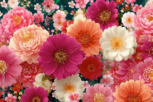 Vibrant Blossoms in Bloom: A rich tapestry of colorful blossoms in full bloom. The beauty is in the intricate petals.