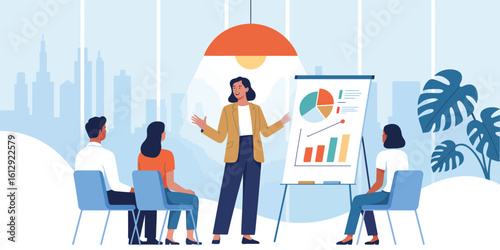 Minimal icon of business presentation scene, illustrating teamwork, data analysis, and corporate strategy in a professional meeting space.