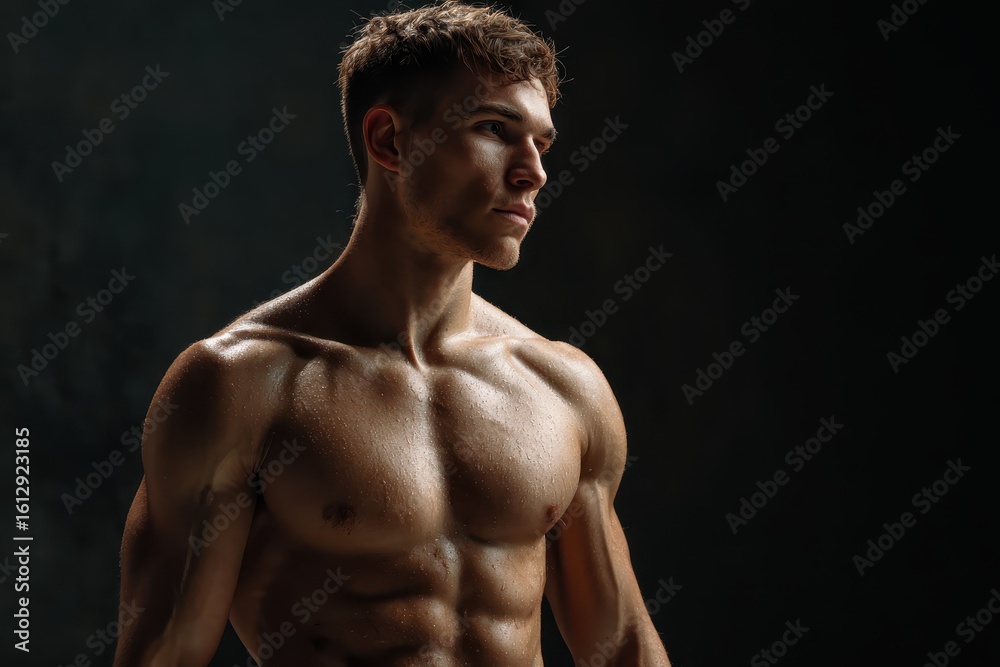 Fototapeta premium Young strong fitness trainer showcasing impressive physique in side view under dramatic lighting in a gym setting