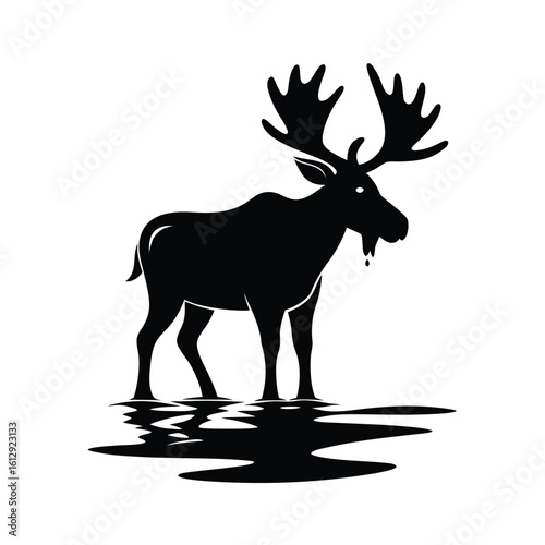 Majestic moose standing calmly in still water silhouette against a clean white background