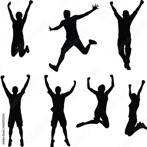 Dynamic Silhouettes of People Jumping with Exuberance Capturing Joyful Moments of Celebration and Movement in a Graphic Composition