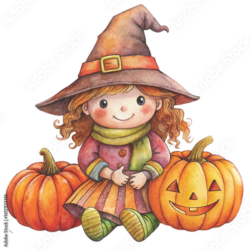 Rag doll Holding a Halloween pumpkin Watercolor white background 