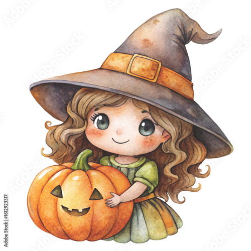 Rag doll Holding a Halloween pumpkin Watercolor white background 