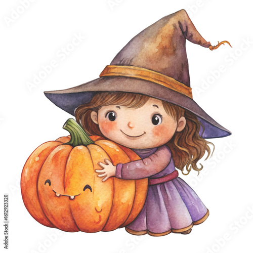 Rag doll Holding a Halloween pumpkin Watercolor white background 