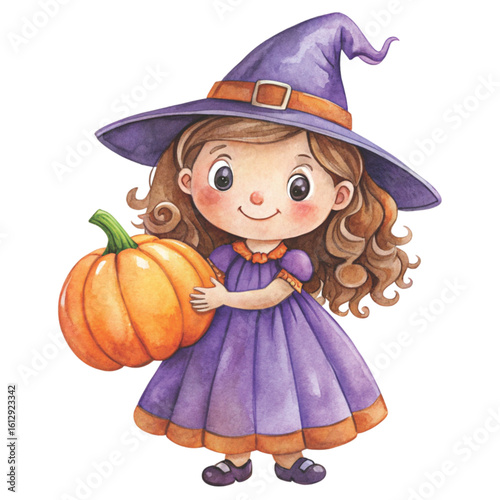 Rag doll Holding a Halloween pumpkin Watercolor white background 