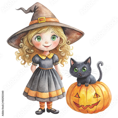 Rag doll Holding a Halloween pumpkin Watercolor white background 