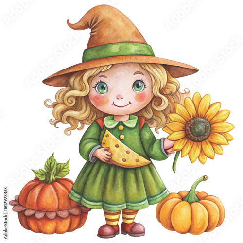Rag doll Holding a Halloween pumpkin Watercolor white background 