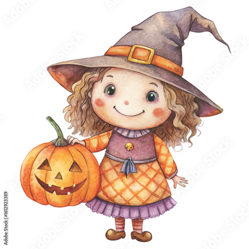 Rag doll Holding a Halloween pumpkin Watercolor white background 