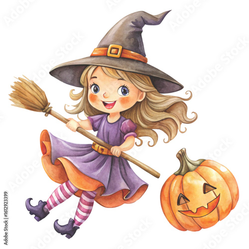 Rag doll Holding a Halloween pumpkin Watercolor white background 