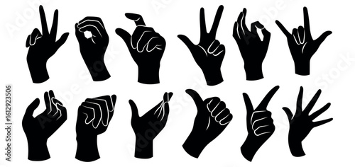 Set of various black silhouette woman hands. Vector collection of female hands of different gestures.