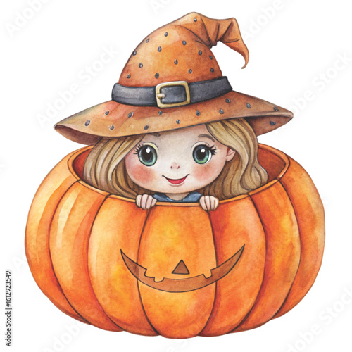 Rag doll Holding a Halloween pumpkin Watercolor white background 