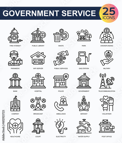 Government Service icon collection set. Containing public library, crowdfunding, paramedic, gas station, hospital, telecommunication, volunteer icon. Simple line vector.