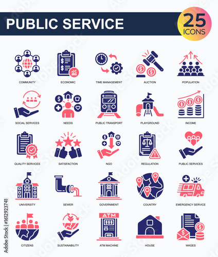 Government Service icon collection set. Containing public library, crowdfunding, paramedic, gas station, hospital, telecommunication, volunteer icon. Simple color fill vector.