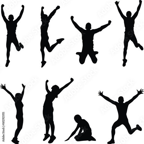 Dynamic Silhouettes of People Jumping with Exuberance Capturing Joyful Moments of Celebration and Movement in a Graphic Composition