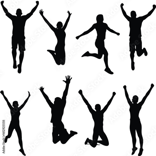 Dynamic Silhouettes of People Jumping with Exuberance Capturing Joyful Moments of Celebration and Movement in a Graphic Composition