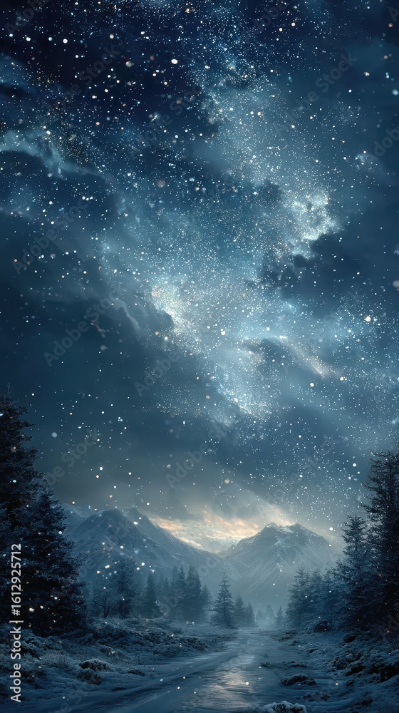 Fototapeta premium Snowfall over a mountainous landscape under a starry night sky with bright clouds in winter