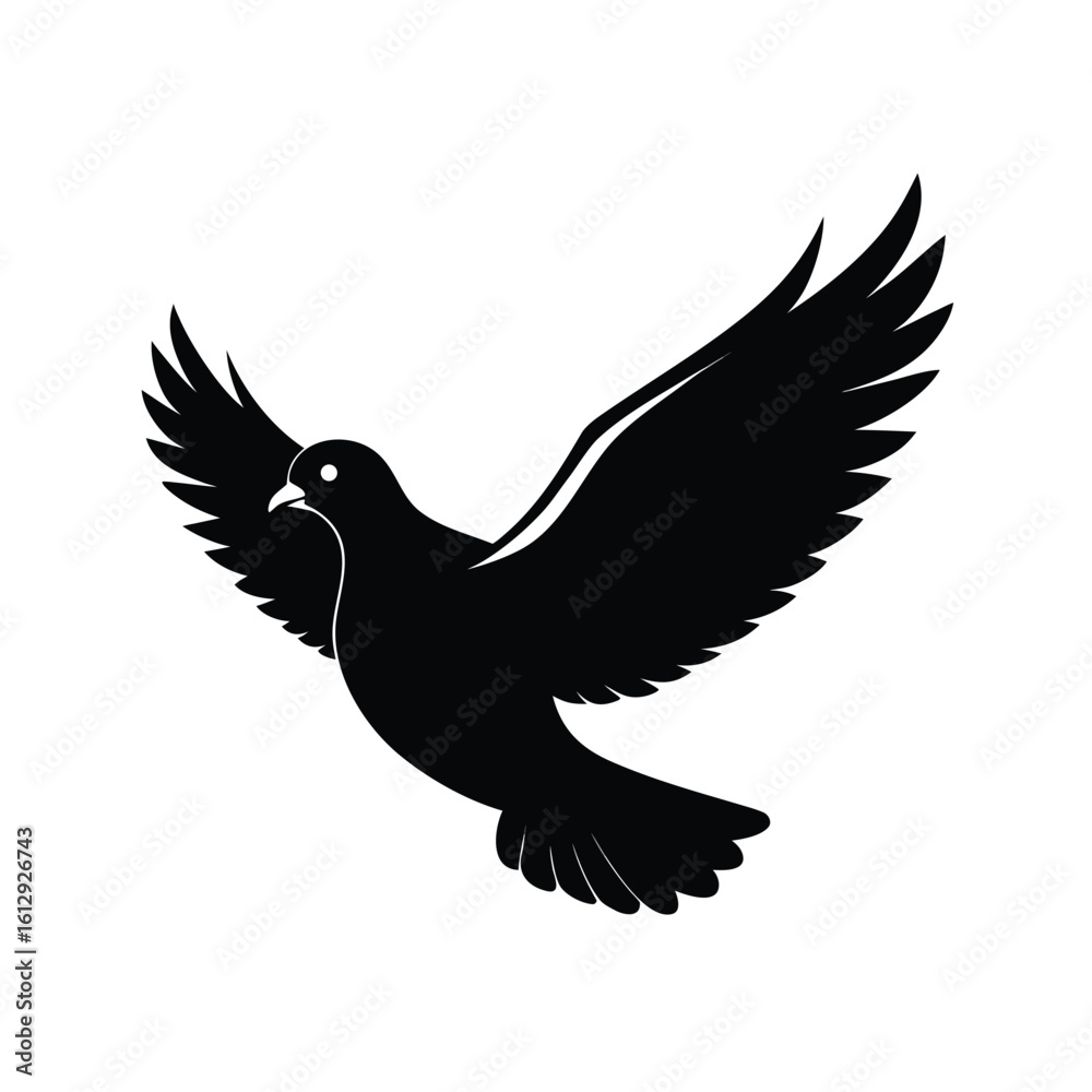 Obraz premium Silhouette of a pigeon in flight with wings spread against a clean white background