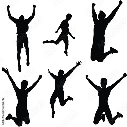 Dynamic Silhouettes of People Jumping with Exuberance Capturing Joyful Moments of Celebration and Movement in a Graphic Composition