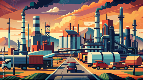 oil refinery at sunset