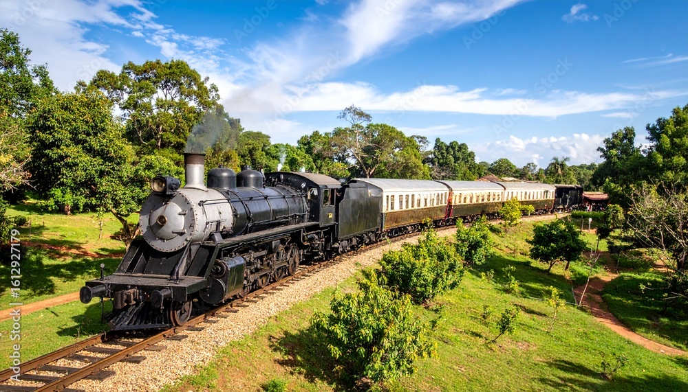 Obraz premium Vintage Steam Train Through Lush Landscape