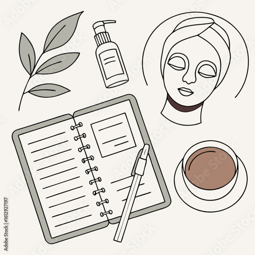 Wellness journal and skincare routine flatlay for self care and relaxation lifestyle illustration art