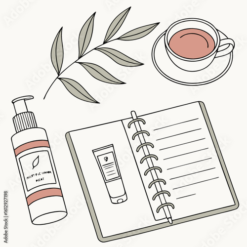 Aesthetic skincare routine flatlay with organic beauty products and self care journal for wellness tips