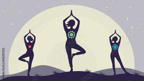 Yoga poses for chakra balancing and meditation under moonlight spiritual wellness and mindfulness practice