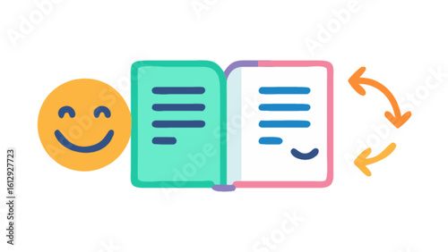 Book review learning and education concept with happy face and arrow for feedback and exchange process