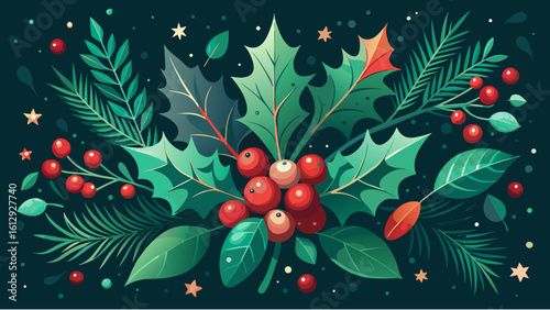 christmas background with holly berries