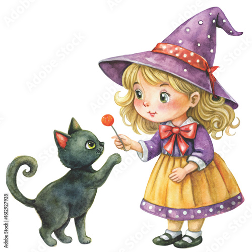 Rag doll Holding a Halloween black cat Watercolor white background 