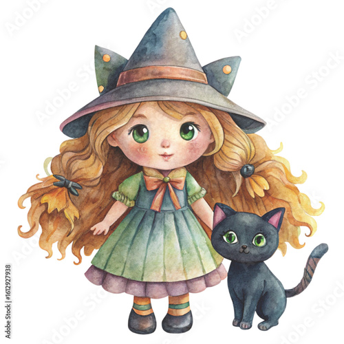 Rag doll Holding a Halloween black cat Watercolor white background 