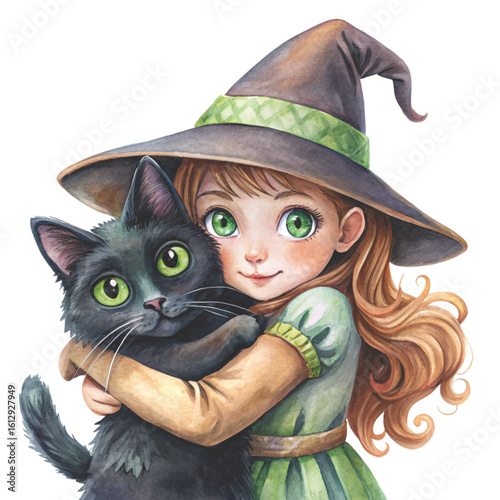 Rag doll Holding a Halloween black cat Watercolor white background 