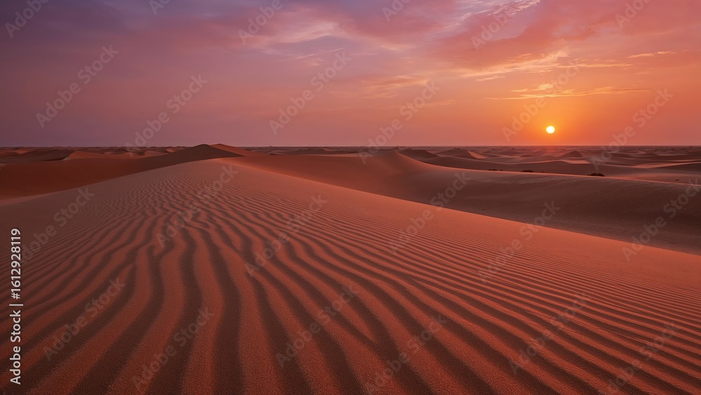 Naklejka premium Desert Sunset: Tranquil Sand Dunes and Expansive Scenic View in Nature's Golden Hour