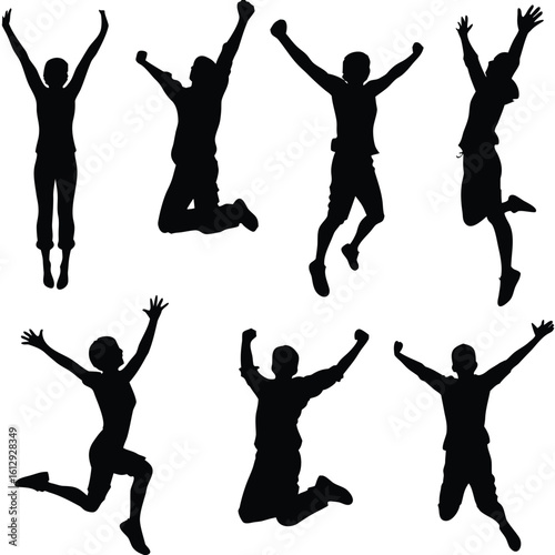 Dynamic Silhouettes of People Jumping with Exuberance Capturing Joyful Moments of Celebration and Movement in a Graphic Composition