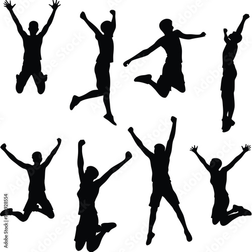 Dynamic Silhouettes of People Jumping with Exuberance Capturing Joyful Moments of Celebration and Movement in a Graphic Composition