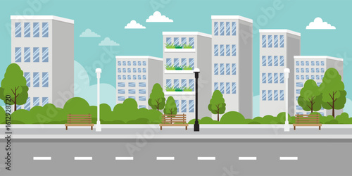 Flat style of  Urban Cityscape with Road, Trees, and Modern Buildings

